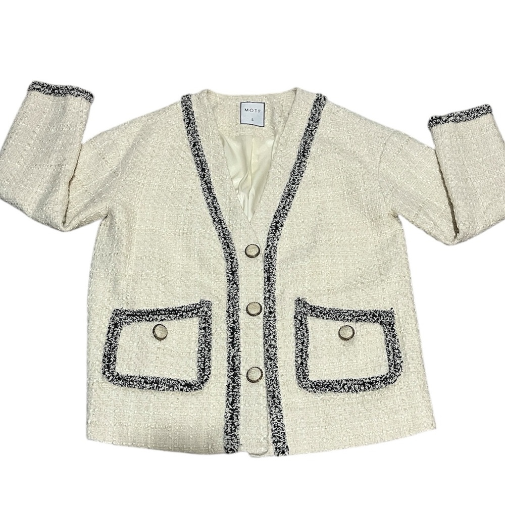 MOTF Tweed Contrast Blazer Cream Black Size Small